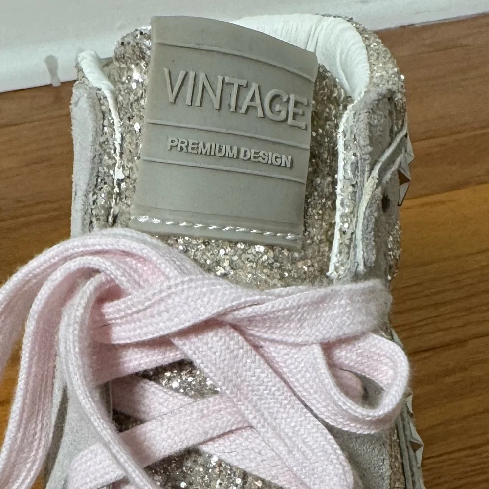 Vintage Havana Hailey High Washed Glitter Sneakers with Star Studs & Pink Laces - Picture 4 of 8